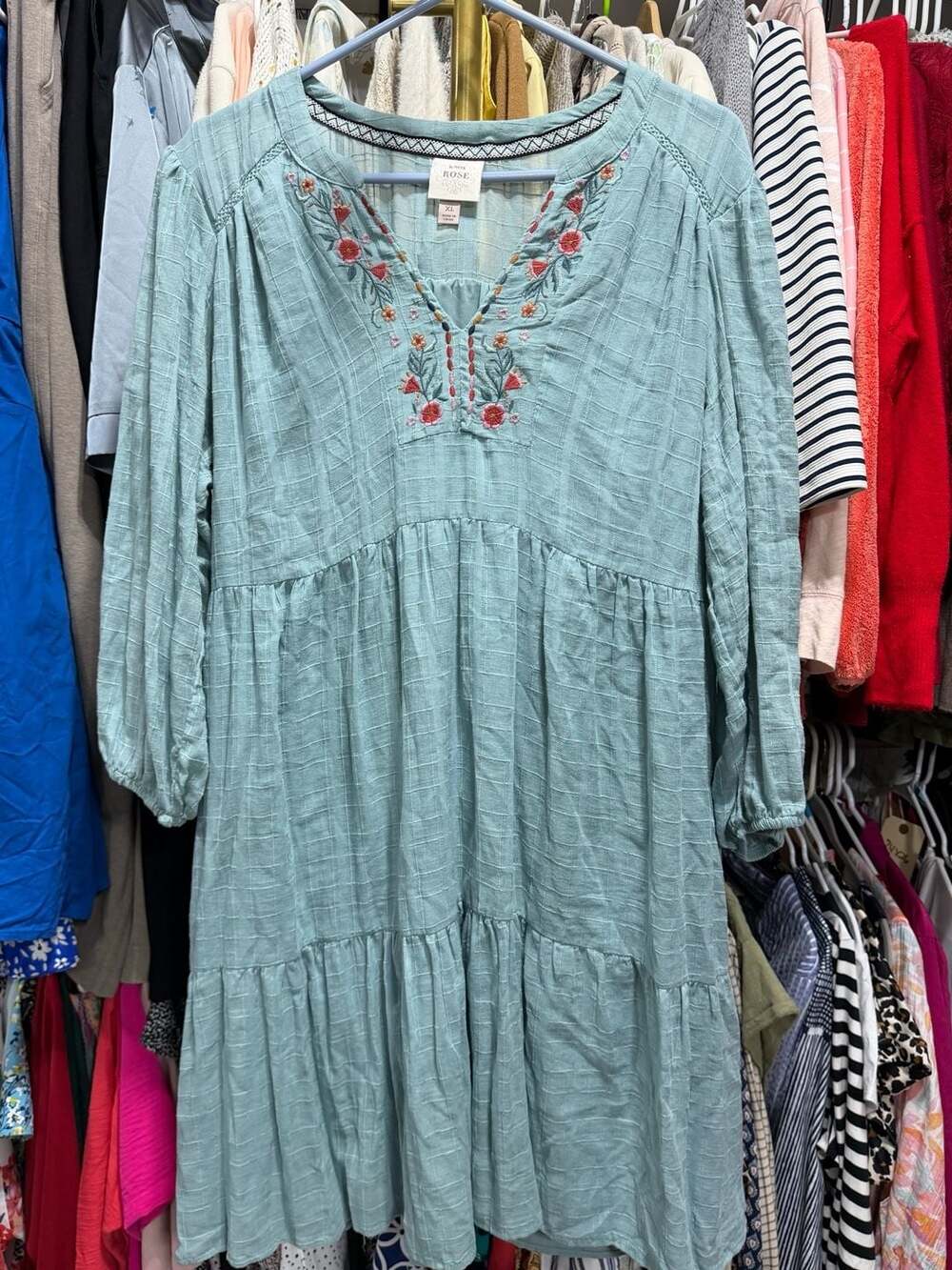 Knox Rose Embroidered Tiered Dress Size XL Green Floral V-Neck Boho
